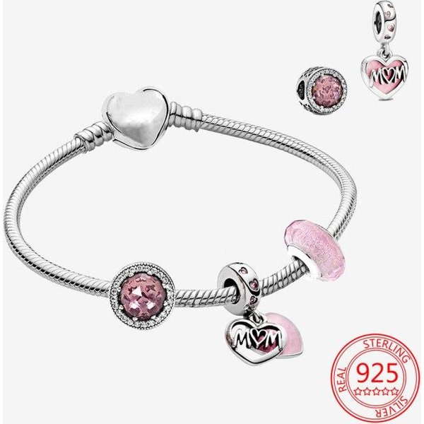 RomáNtico Plata De Ley 925 CorazóN Polvo Amor Murano Amor De Madre Set De Pulsera De Serpiente JoyeríA De Marca De Moda DIY Pulsera 16Cm-image