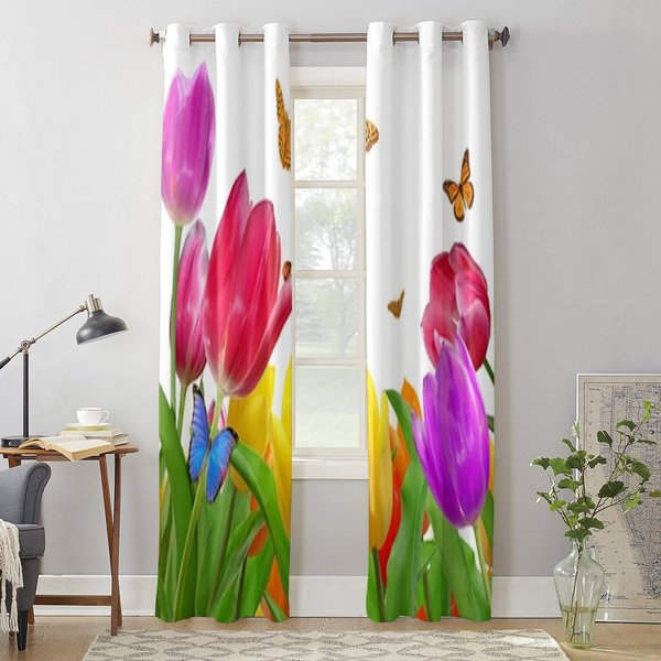 Tulipan Z Motylem ZasłOny Okienne Do Salonu Sypialni Luksusowe Nowoczesne ZasłOny Kuchenne Tkaniny ZasłOny 135W X 92H(Cm) X1-image