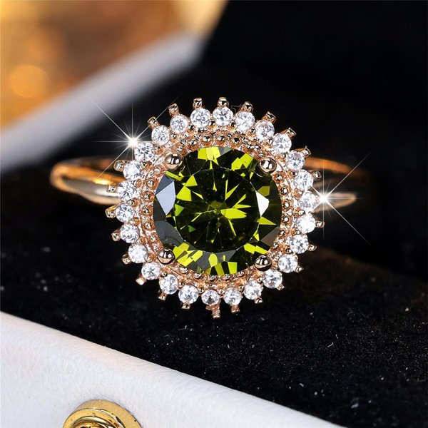 Anillo Redondo De Lujo Para Mujer, Color Verde Oliva, Alianza De Boda Vintage En Oro, JoyeríA Nupcial Para Mujer. 10-image