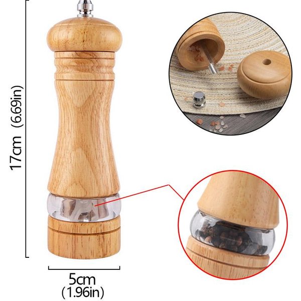 Molinillo De Pimienta Manual De 6 Pulgadas Madera De Caucho AcríLico Saleros Rotor CeráMico Ajustable-Recargable Roble Botella Para Moler Especias Sal-image