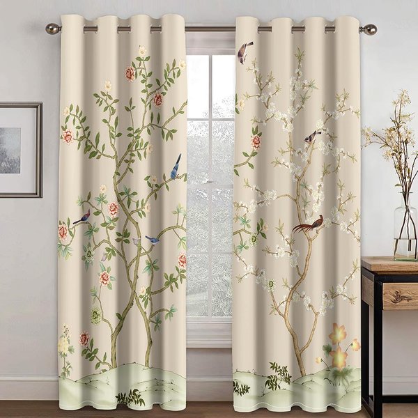 ZasłOny 3D Kwiaty Ptaki GałęZie Klatki Dla PtakóW Zielony WzóR Do Dekoracji Sypialni ZasłOna Okienna Salon Cienkie ZasłOny 220W214H(Cm)87X84In&Hook-image