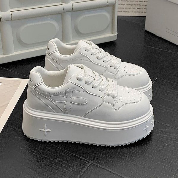 Zapatos De Mujer Con Suela Gruesa Punta Redonda Zapatos Blancos Para Mujer En Primavera Y OtoñO Nuevo Estilo De Suela De Bizcocho TacóN Alto Con Cordones Casual Zapatos De Tabla 40 White-image