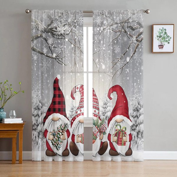 Navidad Invierno Escena De Nieve Gnomo Cortinas TraslúCidas Grises Para DecoracióN De Sala De Estar Cortinas De Ventana Cocina Tul Cortinas Voile W135 X H115Cm X1-image