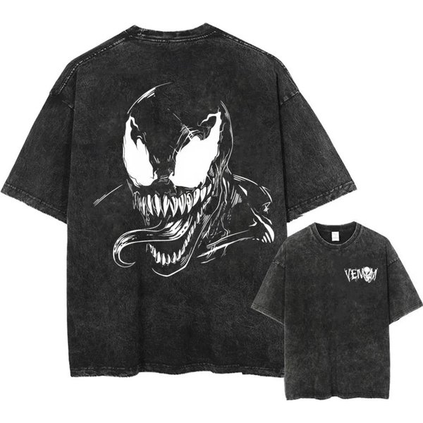 T-Shirt Z Nadrukiem Spider-Man I Venom, Prany, Oversize, Moda Y2K, Casualowy, Neutralny, KróTki RęKaw, Prany, Retro, LuźNy T-Shirt XL-image