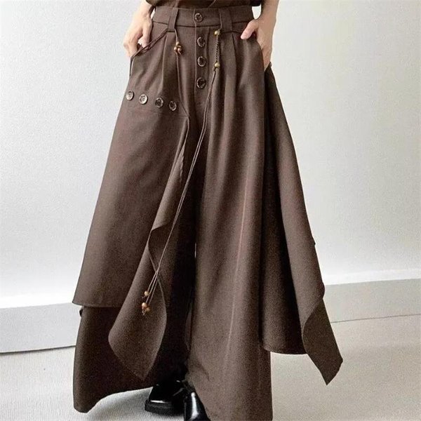 Moda OtoñAl BotóN Falda Irregular Pantalones Y Pantalones De Pierna Ancha Femeninos Sueltos Casuales Pantalones VersáTiles Pantalones De Mujer L Gray-image