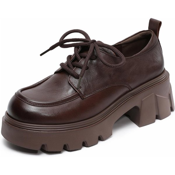 Johnature Zapatos De TacóN Grueso Retro De Cuero Genuino Para Mujer Estilo BritáNico De Suela Gruesa Con Cordones 38 MarróN-image