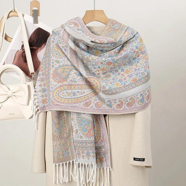 Chal Bufanda De Invierno CáLida Hijab Mujeres Estampado Cachemir Pashmina Paisley Grueso Envoltorio Cabeza Cuello Foulard Manta De Lujo Echarpe Gray-image