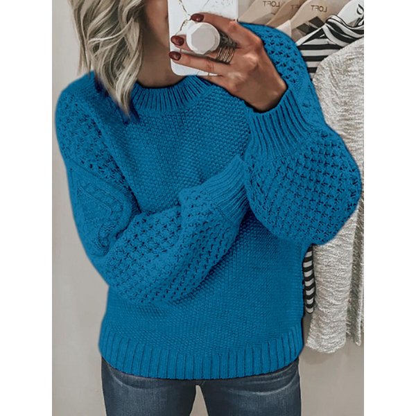 SuéTer De Punto Texturizado De Cuello Redondo Para Mujer, Jersey De Manga Larga, Color Liso, Casual, Ajuste CeñIdo, Jersey De OtoñO E Invierno XL Blue-image