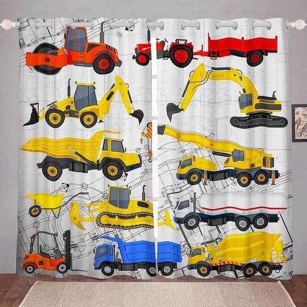 2 Piezas Cortinas De Ventana De Camiones De Dibujos Animados, Cortinas Con Ojales De Camiones Tractores Excavadora, Cortina TemáTica De ConstruccióN Para Dormitorio De NiñOs W60H150(Cm)X2Pcs&Hook-image