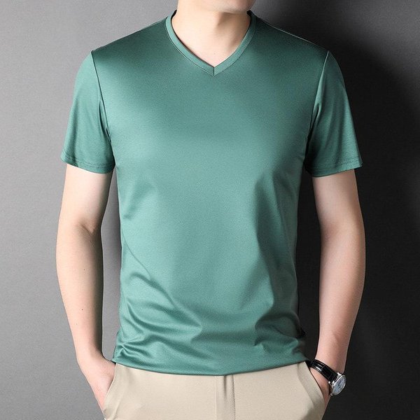 Letni T-Shirt Z KróTkim RęKawem Dla MężCzyzn W śRednim Wieku, Z Dekoltem W Serek, Casualowy, Z RęKawem Do PołOwy, Modny, PasująCy Do DołU, Top Bazowy Xxxl Gray-image