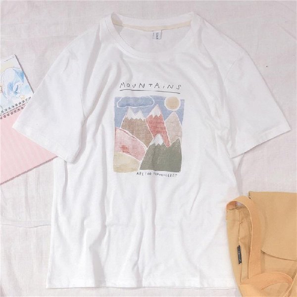 Camiseta De Manga Corta De Dibujos Animados Dibujada A Mano Para Ropa De Verano De Mujer Nueva Ropa De Estudiante Holgada Coreana Tops Para Mujer 2XL Blanco-image