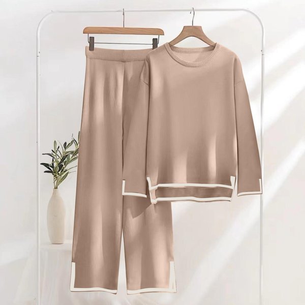 Conjunto De SuéTer De Punto De 2 Piezas Para Mujer, Jersey De Manga Larga, Tops, Cintura EláStica, Pantalones De Pierna Ancha, Conjunto De Mujer XL Caqui-image