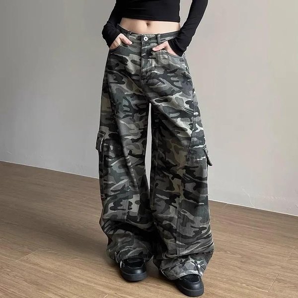 Damskie Spodnie Z Dużą Kieszenią, Zakrzywione, Szerokie Nogawki, KamuflażOwe, Cool Girl Street, Proste, Damskie, Letnie, Unisex, LuźNe Spodnie XS-image