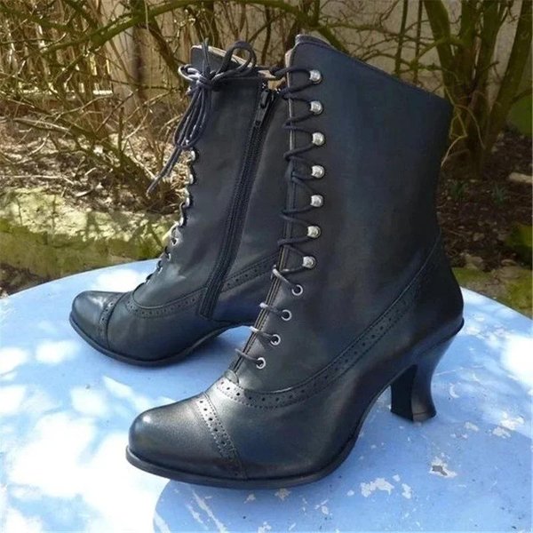 Botas De Media CañA De Cuero PU De Alta Calidad Para Mujer, OtoñO Invierno, TacóN Alto, Punta Afilada, Nuevo Estilo Retro, Plataforma Negra MarróN, Zapatos Femeninos 38 Black-image