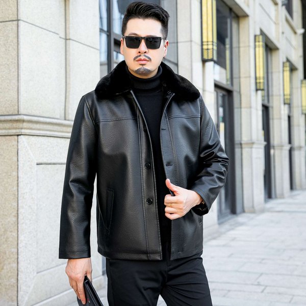 Abrigo De Cuero Casual Con Solapa Y Botones Para Papá De Mediana Edad Cuero Para Hombre Talla Grande Chaqueta De Cuero Gruesa Con Forro Polar Para Hombre 60/4XL Black-image