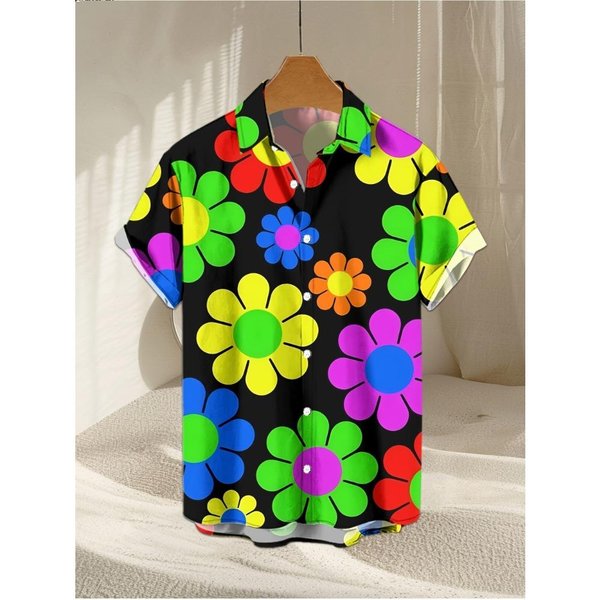 Camisa Hawaiana De Flores Impresa En 3D Verano Vacaciones De Playa Casual Tops De Manga Corta Para Hombre Moda Diaria Camisa De Solapa Suelta Y Oversize XL Black-image
