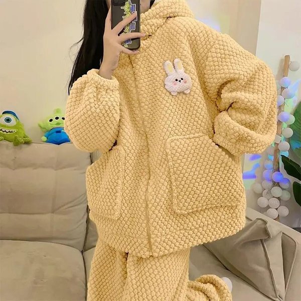 PiżAma Z Koralowego Aksamitu Zimowa Damska Flanelowa Pogrubiona Podszyta Polarem Urocza Nocna Odzież Damska Z Kapturem Jednolity Kolor Zamek Domowy 2XL Beige-image