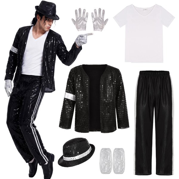 Michael Jackson Kostium Z Cekinami MęSki StróJ Na WystęP Sceniczny Cosplay Impreza Disco Srebrny S Czarny-image