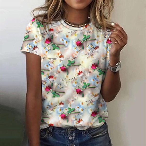 Camiseta Divertida De Flores Coloridas Impresas En 3D Rosa Para Mujer Verano Tops Oversize Manga Corta Cuello Redondo Camisetas Streetwear 6XL-image