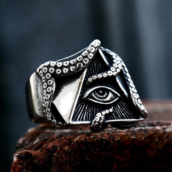 Anillo Retro De Acero Inoxidable Con Forma De Ojo Que Todo Lo Ve Y Pulpo Para Hombres Y Mujeres, Anillos MasóNicos Triangulares Illuminati, Regalos De JoyeríA. 8 Black-image