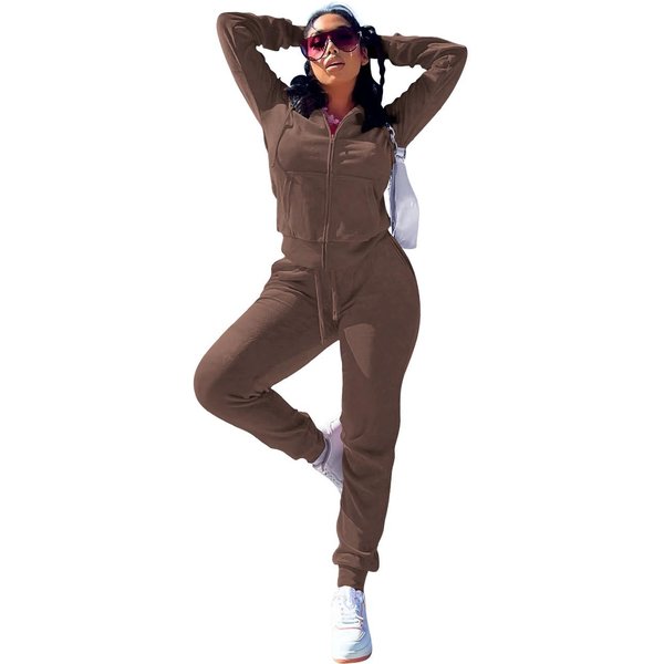 Conjunto De Terciopelo De Moda Para Mujer Sudadera Con Capucha De Manga Larga Y PantalóN Jogger Conjuntos Activos De Dos 2 Piezas Conjuntos CháNdal XL MarróN-image