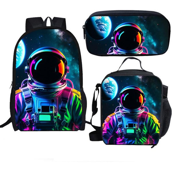 CláSico Popular Divertido Astronauta ImpresióN 3D 3Uds/Set Alumno Mochilas Escolares PortáTil Mochila De DíA Mochila Cruzada Bolsa De Almuerzo Estuche-image