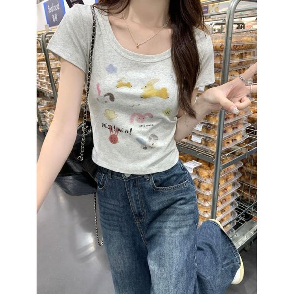 Camiseta De Cuello En U Con Hombro Delantero Y Manga Corta Para Mujer En Verano, Nuevo DiseñO De Estampado De Dibujos Animados Lindo, Top Corto Nicho L Gray-image