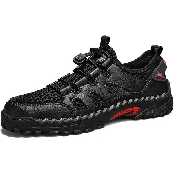 Zapatos De Hombre Nuevos De Verano Piel Genuina Malla Transpirable Superficie Zapatos Ligeros Suela Suave Huecos Malla Grande Modernos Zapatos Deportivos 46 Black-image