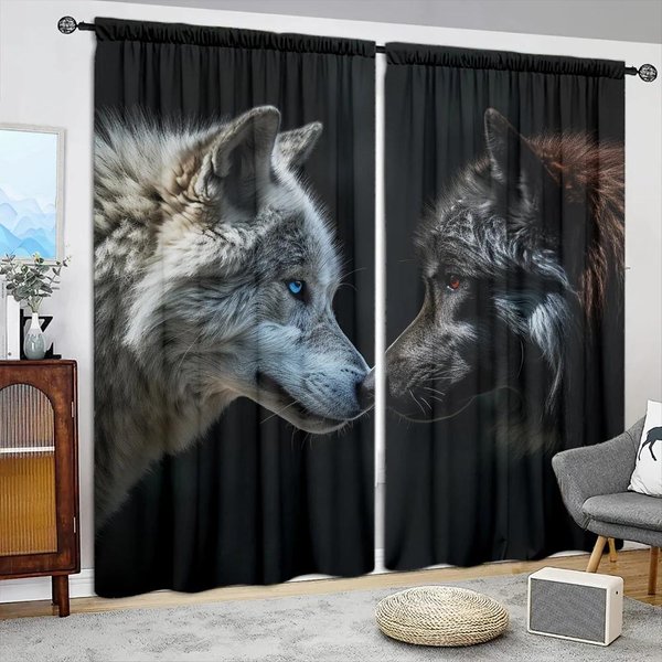 2 Piezas Cortina Estampada Estilo Lobo Blanco Lobo Negro Para DecoracióN Del Hogar - Tratamiento De Ventana Con Bolsillo Para Barra Para Dormitorio, Oficina Y Cocina 52.5Cmx116Cmx2Pcs-image