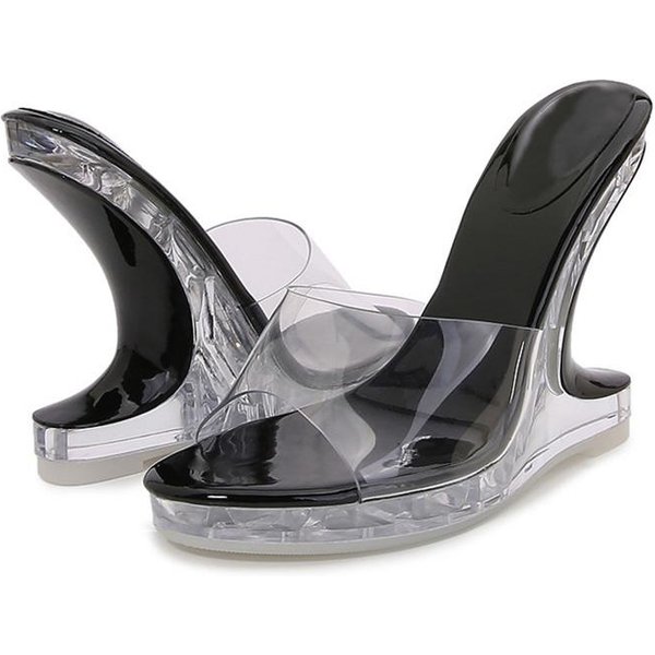 Liyke Moda Chic ExtrañAs CuñAs Chanclas Para Mujeres Tacones Altos Transparentes Verano Punta Abierta PVC Transparente Zapatos Sandalias De Plataforma 41 Negro-image
