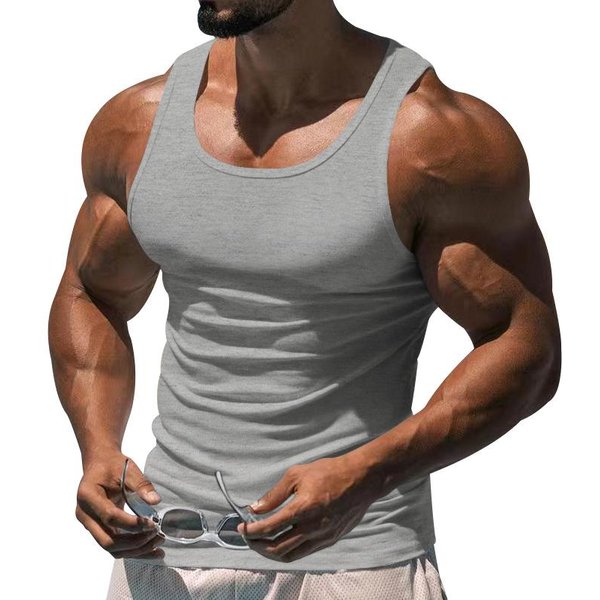 Camiseta Sin Mangas Acanalada De Ajuste Slim Para Hombre, Cuello En U, Sin Mangas, Para MúSculos L Gris-image