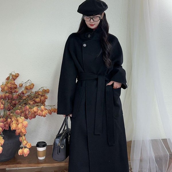 Abrigo De Lana De Doble Cara Con Cuello Alto Estilo Coreano, Cordones, Bolsillo Grande En La Cintura, Nuevo Abrigo Largo Holgado De Lana Para Mujer, OtoñO E Invierno M Black-image