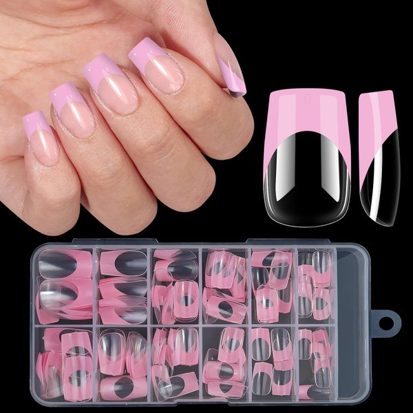 120 Piezas/Caja De UñAs Postizas AcríLicas Francesas De Longitud Media Con ProteccióN Cuadrada, Cobertura Total, Puntas De UñAs ExtraíBles De Varios TamañOs Color Rosa-image