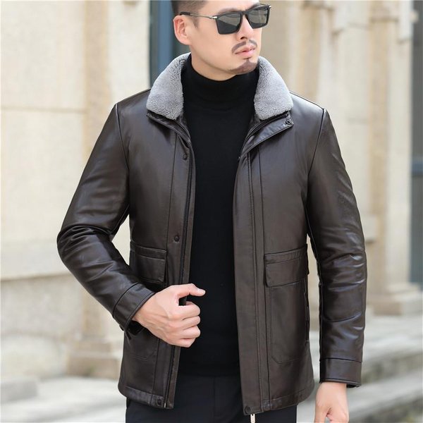 Chaqueta De Plumas Chaqueta De Cuero Genuino Para Hombre Chaqueta De Plumas Chaqueta De Plumas Para Hombre Chaqueta De Plumas Holgada Con Solapa Daddy Chaqueta De Cuero De Talla Grande 4XL Black-image