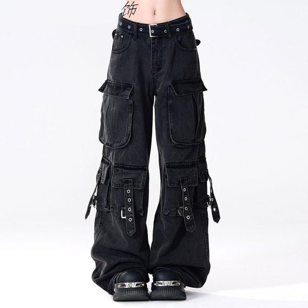 Y2K Retro Damskie Jeansy Cargo Z Wieloma Kieszeniami Vintage Gyaru Damskie LuźNe Spodnie Jeansowe Codzienne Streetwear DłUgie Spodnie L Czarny-image