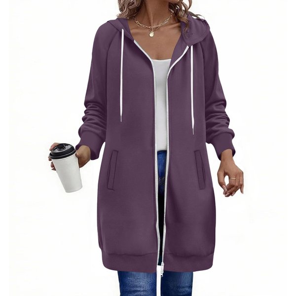 Damskie Bluzy Z Kapturem Zapinane Na Zamek, Z DłUgim RęKawem, DłUgie Tuniki, Bluzy Dresowe Oversize, Polarowa Kurtka Jesienna Casual Z Kieszenią L Fioletowy-image