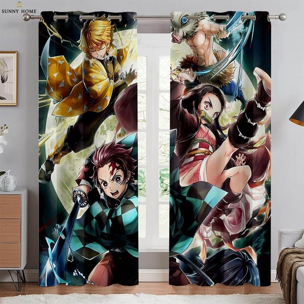 Cortinas Con Estampado De Dibujos Animados De Anime De Sangre Caliente Cortinas Opacas De Seda Negra Dormitorio Sala De Estar Estudio Cocina Cortinas Decorativas W100Xh130(Cm) Folio&Grommet Top-image