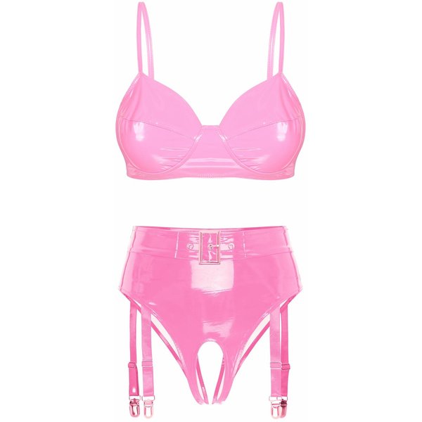 Damski 2-CzęśCiowy Komplet Bielizny, Biustonosz Ze SkóRy Lakierowanej, Mokry WygląD, Majtki, Bielizna Bikini Teddy L RóżOwy-image