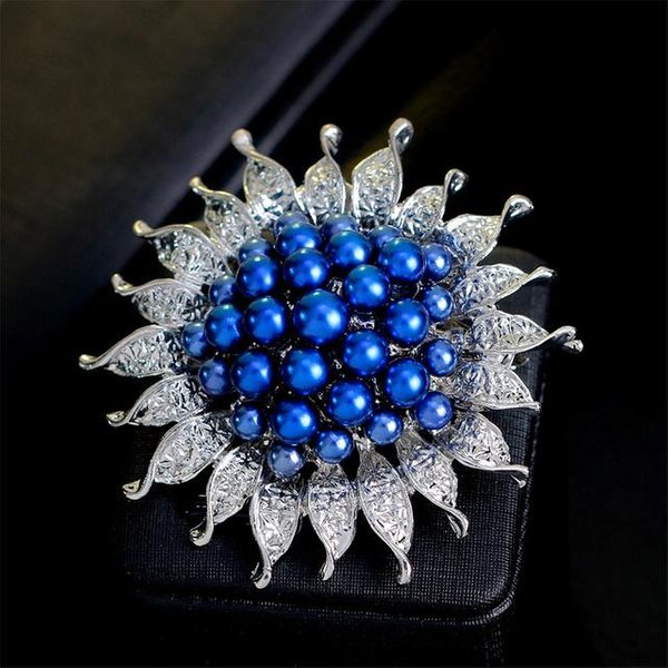 Moda Broche De Perlas Exquisito Broche De AleacióN Broche Flor De Sol Hebilla Para Bufanda De Seda Broche De PedreríA Azul-image