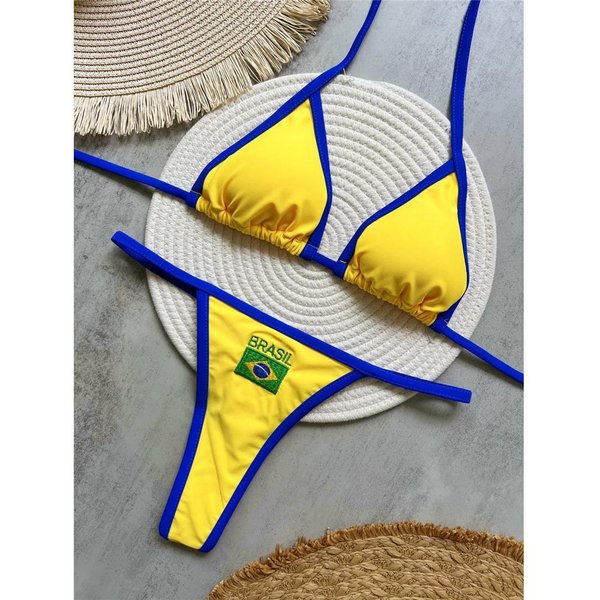 Tanga Tanga Bikini BrasileñO Traje De BañO Para Mujer Traje De BañO Femenino Conjunto De Bikini De Dos Piezas Traje De BañO Bandera De Brasil L Amarillo/Azul-image