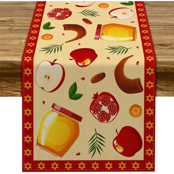 Caminos De Mesa De Lino Para Rosh Hashaná Bufanda Decorativa Para Tocador Shana Tova AñO Nuevo JudíO Camino De Mesa DecoracióN De Mesa Para Fiestas NavideñAs De Cocina 150X33Cm Beige-image