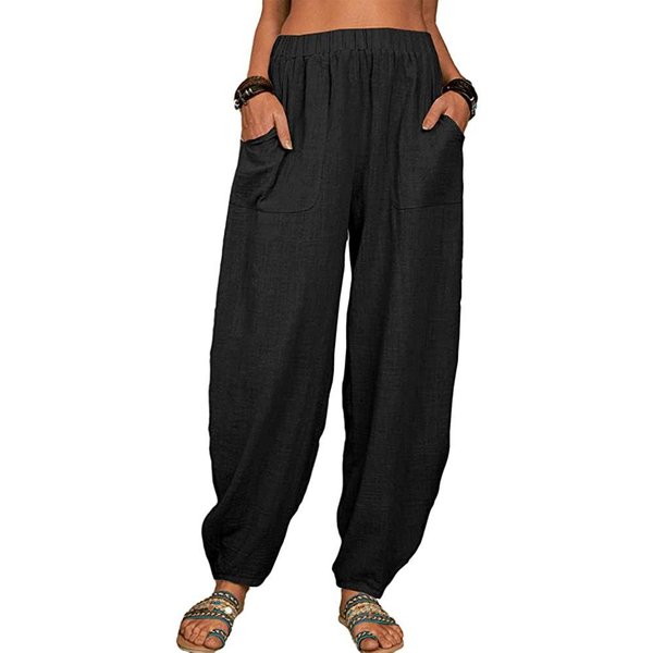 Pantalones Casuales De Mujer Para Primavera Y Verano Pantalones Casuales Holgados De AlgodóN Lino Pantalones Harem Pantalones Largos Xxxl Negro-image