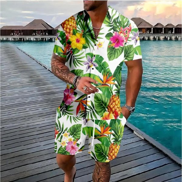Codzienny I Modny Letni MęSki Zestaw Koszuli Z Nadrukiem 3D W Kwiaty Koszula Z KróTkim RęKawem Codzienne Szorty PlażOwe Streetwear Garnitur Hawajski XXL-image