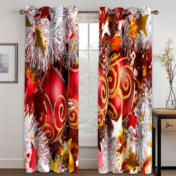 Cortinas De Ventana De Dibujos Animados De Papá Noel, áRbol De Navidad, Rojo Y Dorado Para NiñOs, Dormitorio, Sala De Estar, BañO, Cocina, Puerta, SalóN, DecoracióN Del Hogar W50 X H130(Cm)X2&Grommet Top-image