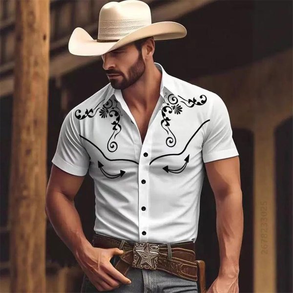 2026 Nowa MęSka Letnia Koszula Z KróTkim RęKawem W Stylu Western Cowboy, Retro Nadruk, Dopasowany KróJ, Casualowa Koszula Wakacyjna 5XL-image