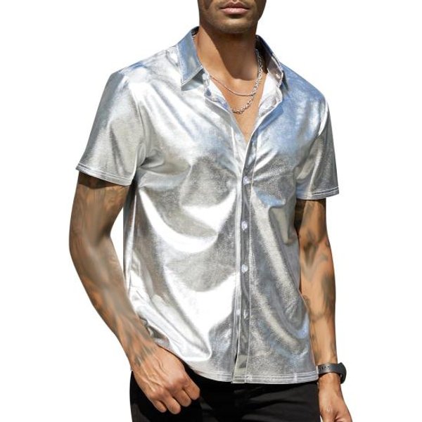 Camisa De Verano Para Hombre, Con Superficie Brillante, Cuello Vuelto, Botonadura Sencilla, Manga Corta, Suelta, Color SóLido, Para Fiesta, Discoteca, Baile, Ropa De Calle. S Plata-image