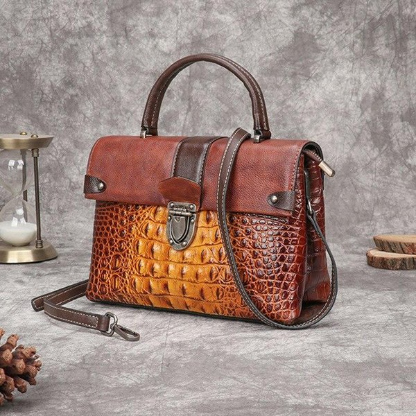 Bolsos Retro Con PatróN De Cocodrilo, Bolsos De Mujer, Bolsos De Hombro Y Bandolera Pintados A Mano De Cuero Genuino MarróN-image