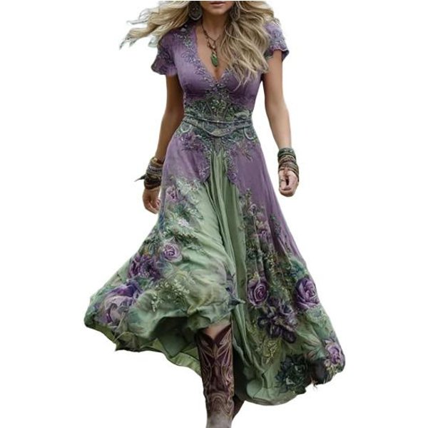 Vestido Maxi Estampado Floral Para Mujer Manga Corta Cuello En V Vestido De Baile Vestido Boho Fluido De LíNea A Vestido Casual Para Fiesta De GraduacióN Invitada A Boda L Verde-image