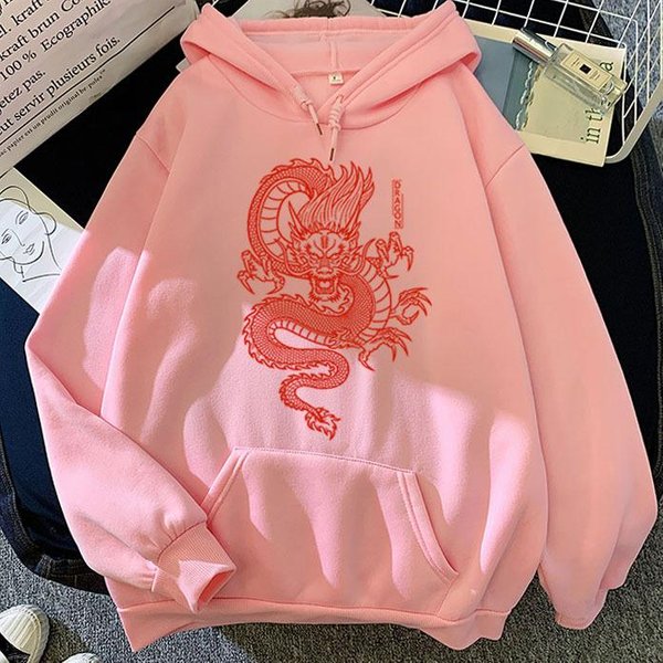 Streetwear Bluza Z Kapturem Vintage Kobiety ChińSki Nadruk Smoka Bluza Z Kapturem Wiosna I Jesień Nowy Oversize LuźNa Damska Bluza Z Kapturem W Stylu Harajuku W Stylu Hip Hop M RóżOwy-image