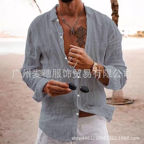 Nueva Camisa De Manga Larga Para Hombre De Mezcla De AlgodóN Y Lino Camisa De Color Liso Con Solapa Estilo Casual L Gris Claro-image